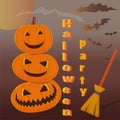 Happy Halloween postcard banner or party invitation background with clouds, bats and trio pumpkins. Full moon in the sky, hat