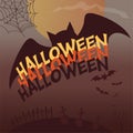 Happy Halloween postcard banner or party invitation background with clouds, bats. Full moon in the sky Royalty Free Stock Photo