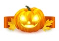 Happy Halloween postcard design, realistic pumpkin and autumn leaves