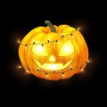 Happy Halloween postcard design, realistic pumpkin and decorative lights, vector illustration