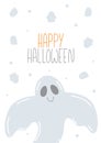 Happy halloween postcard with flying smiling ghost. Halloween lettering