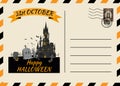 Happy Halloween Postcard invitation Dark Castle Cemetery template with Postage Stamp background design. Vector isolated