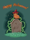 Happy halloween postcard. Owl with a hat sits on a tombstone in a cemetery. Vector illustration Royalty Free Stock Photo