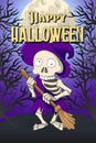 Happy Halloween postcard template. Skeleton Hag Violet Robe cartoon Character