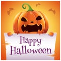 Happy Halloween poster with angry evil pumpkin with parchment on orange background. Happy Halloween party. Royalty Free Stock Photo