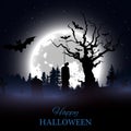 Happy Halloween poster. Background with spooky graveyard, naked tree, graves, bats and hanged man silhouette Royalty Free Stock Photo