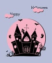 Happy Halloween poster with cartoon castle, Pink Halloween house with bat and ghosts