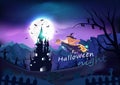 Happy halloween poster, cute witch flying to castle with night scene, fantasy and cartoon background vector illustration