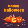 Happy halloween poster design. Exited pumpkins in party hats with sweets.