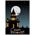 Happy Halloween poster with full moon, tree, bat, pumpkin and label Happy Halloween. halloween party inspiration. Royalty Free Stock Photo
