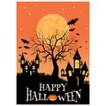 Happy Halloween poster with full moon, tree, bat, pumpkin . halloween party illustration vector. Royalty Free Stock Photo