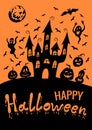 Happy Halloween poster, greeting card template: lettering, spooky haunted house on the hill, bats, pumpkin lanterns Royalty Free Stock Photo