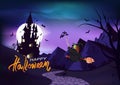 Happy Halloween, poster invitation greeting card, witch riding a broom to castle, fantasy horror gothic style background vector