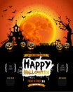 Happy Halloween poster, Invitation for party, Mix of Various Spooky Creatures, Moon and Castle, Vector Illustration Royalty Free Stock Photo