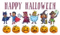 Happy halloween poster with kids in costumes and pumpkins