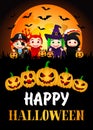 Happy Halloween poster. Kids in Halloween costumes and pumpkins Royalty Free Stock Photo