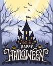 Happy Halloween poster with lettering and castle silhouette. Royalty Free Stock Photo