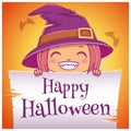 Happy Halloween poster with little girl in costume of witch with parchment on orange background. Happy Halloween party.