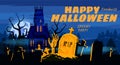 Happy Halloween poster, night cemetery, zombie hand, haunted mansion. Vector illustration cartoon style banner Royalty Free Stock Photo