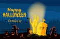 Happy Halloween poster, night cemetery, zombie hand. Vector illustration cartoon style banner Royalty Free Stock Photo