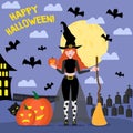 Happy Halloween Poster Of Pumpkin On Graveyard And Witch, Full Moon Dark Night And Tombstone, And Black Bat. Halloween Holiday