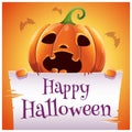 Happy Halloween poster with scared pumpkin with parchment on orange background. Happy Halloween party. Royalty Free Stock Photo