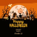 Happy Halloween poster, scary smiles pumpkins, night cemetery, haunted house, ghost, witch, black cat, full Moon. Vector Royalty Free Stock Photo