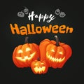 Happy halloween poster with three pumpkins with faces on the dark background. Royalty Free Stock Photo