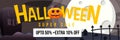 Happy Halloween Promo Sale Banner with Big tombstone at cemetery with full moon light at night background. cat use vampire, ghost