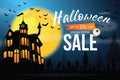 Happy Halloween promo sale flyer with Halloween elements. Scary castle, bats, zombie, grave, ghost hand, cross.