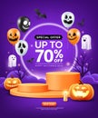 Happy Halloween, pruple three overlapping podiums, pumpkin poster flyer design on purple background Royalty Free Stock Photo