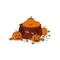 Happy Halloween. Halloween pumpkin. Black Cat and Jack O Lantern Pumpkin with witch hat Royalty Free Stock Photo