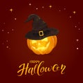 Happy Halloween and Pumpkin with Black Witch Hat Royalty Free Stock Photo