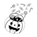 Happy halloween pumpkin bucket filled candies celebration line style