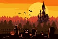 Happy Halloween pumpkin in the cemetery, black abandoned castle, gloomy autumn forest, panorama, sunset, crosses and Royalty Free Stock Photo