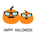 Happy Halloween Pumpkin family love couple. Funny creepy smiling face. Lips and moustaches. Eyeglasses Sunglasses. Cute cartoon ba