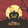 Happy halloween, pumpkin hanging spider branch tree gravestones trick or treat party celebration