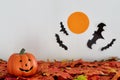 Happy Halloween pumpkin head jack lantern with bat and moon on l Royalty Free Stock Photo