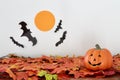 Happy Halloween pumpkin head jack lantern with bat and moon on l Royalty Free Stock Photo