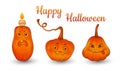 Happy Halloween pumpkin lantern set on white. Funny glowing cartoon monster holiday symbol. Carving face on gourd. Vector
