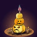 Happy halloween, pumpkin pyramid, owl in a cap, greeting card design, vector illustration Royalty Free Stock Photo