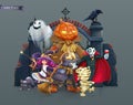 Happy Halloween. Pumpkin scarecrow, witch, mummy, vampire. 3d vector illustration