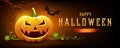 Happy Halloween pumpkin smile and bat with tree, on orange and black banner design background
