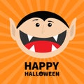 Happy Halloween pumpkin text. Count Dracula head face. Cute cartoon vampire character with fangs. Big mouth tongue. Baby greeting Royalty Free Stock Photo