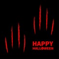 Happy Halloween pumpkin text. Two red bloody claws animal scratch scrape track set. Cat tiger scratches paw. Four nails trace. Fla Royalty Free Stock Photo