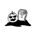 Happy halloween, pumpkin tombstone ground trick or treat celebration line icon style Royalty Free Stock Photo