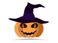 Happy Halloween. Pumpkin in witch`s hat isolated on white background. Jack o lantern icon. Vector Royalty Free Stock Photo