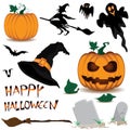 Happy Halloween and Pumpkin, Witch, Spooky, Bats, Objects isolated on white background.