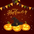 Happy Halloween and Pumpkins with Black Witch Hat and Pennants