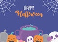 Happy halloween pumpkins cauldron skull tombstone cobweb greeting card Royalty Free Stock Photo